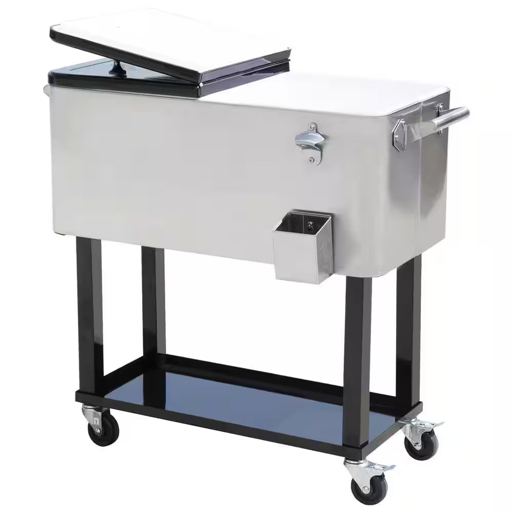 80 Qt. Patio Cooler, Rolling Cooling Bins Ice Chest, Drink Cooler Cart in Silver