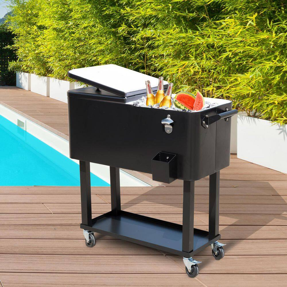 80 Qt. Rolling Cooler Ice Chest on Wheels Outdoor Party Drink Cooler Cart Black
