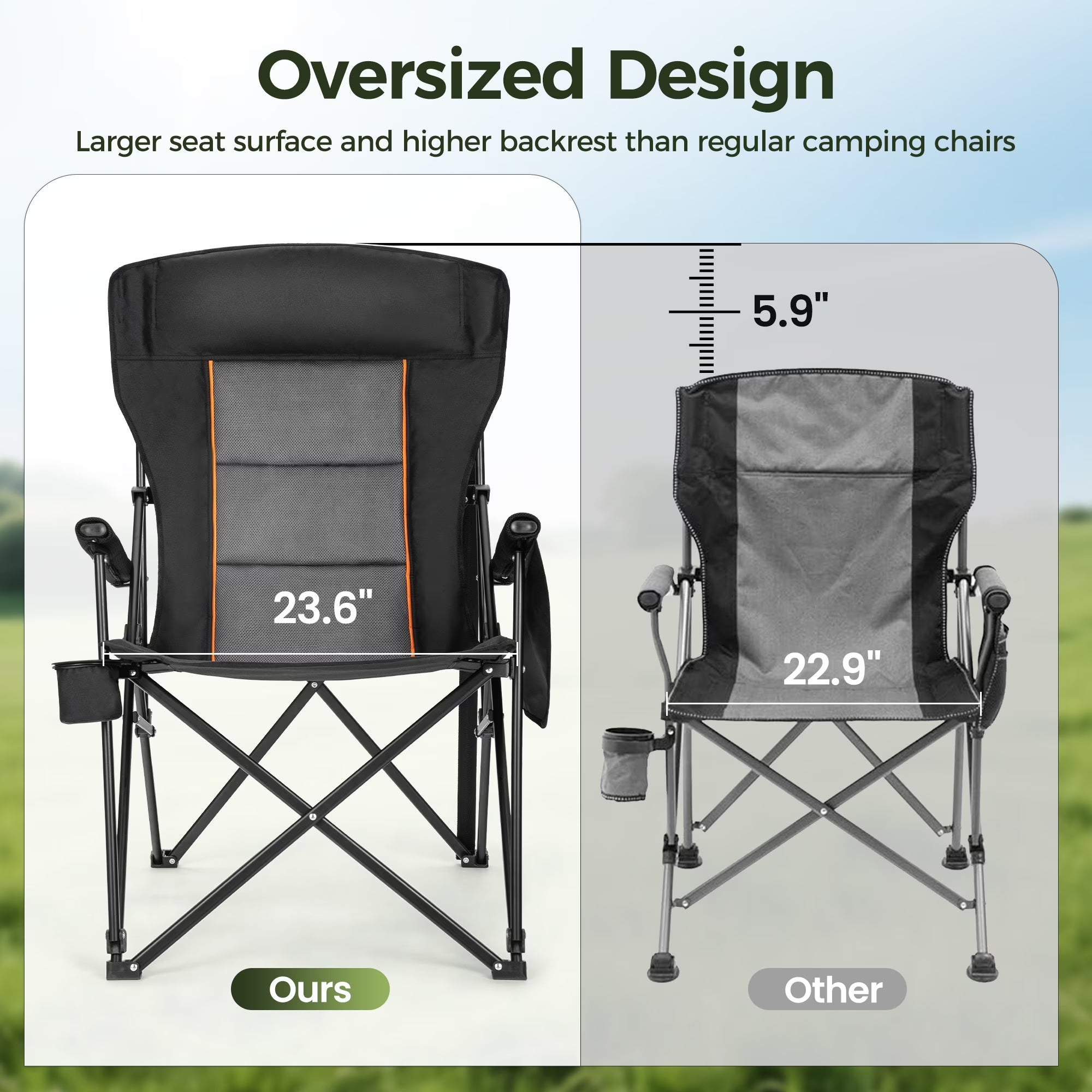 Oversized Camping Chair Heavy Duty High Back Camping Chairs 500Lbs Capacity Folding Lawn Chairs with Cup Holder, Portable for Outdoor, Beach and Picnic, Black