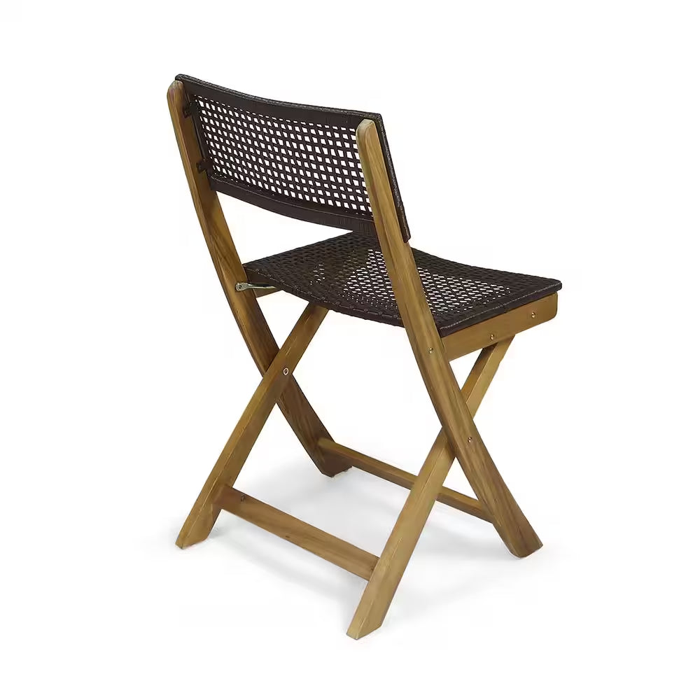 Teak Acacia Wood Folding Lawn Chair, Bistro Chair with Brown Wicker Seat (Set of 2)