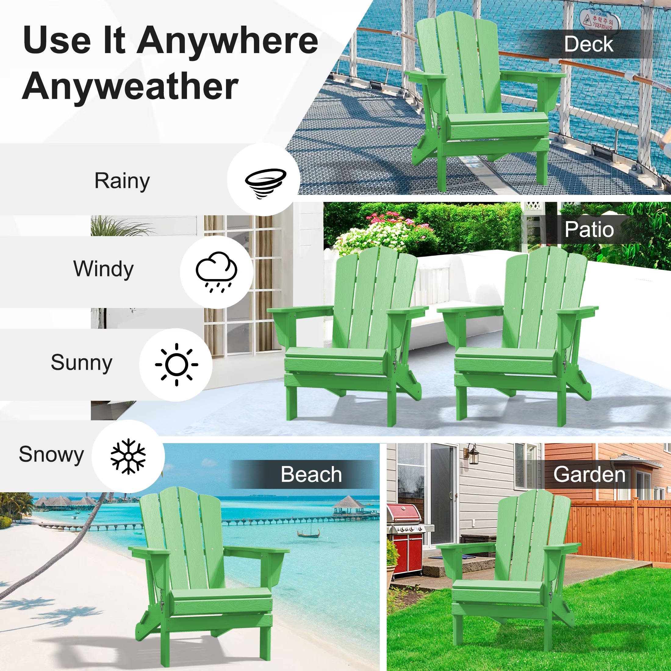 Adirondack Chair, 2PC Plastic Folding Outdoor Patio Chairs, outside HDPE Chairs for Lawn, Yard, Light Green