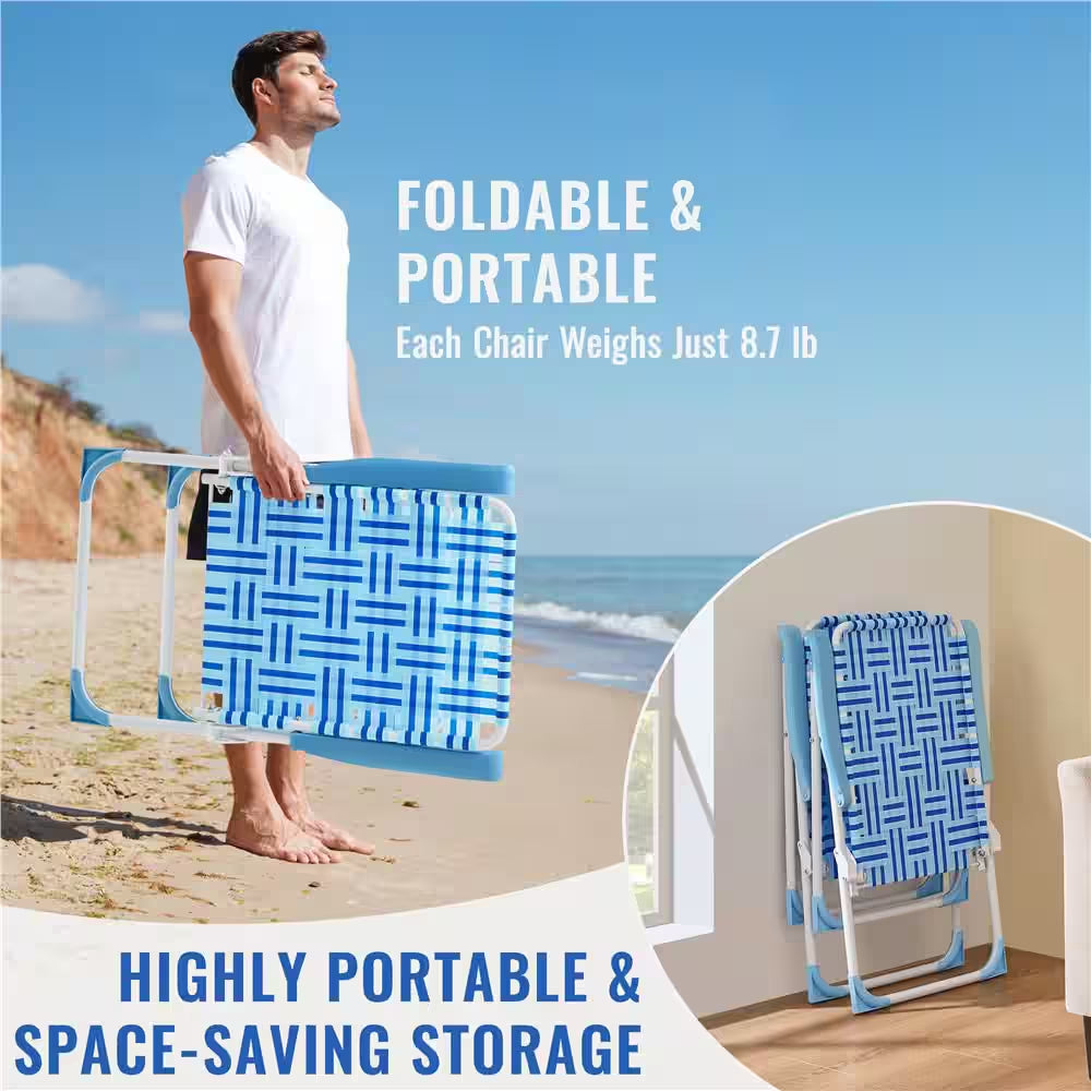Set of 2 Patio Webbed Folding Chairs Nylon Fabric Portable Lawn Chairs Camping Chairs, Blue