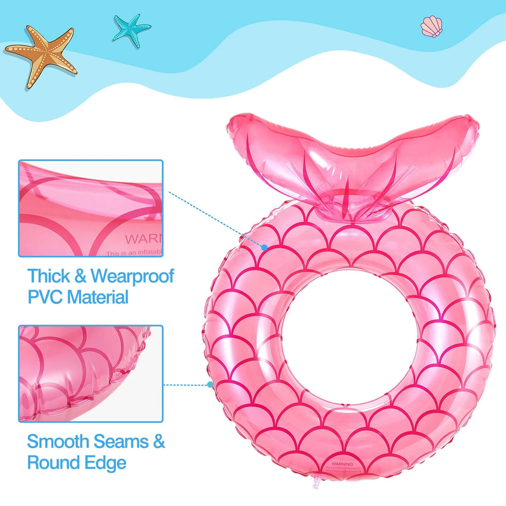 2 Pack Mermaid Tail Pool Float, Inflatable Swimming Ring Floaties Tubes, Rose Gold & Purple