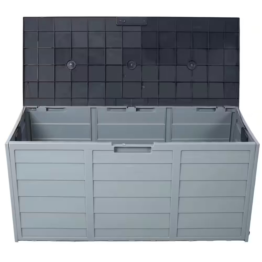 75 Gal. Plastic Deck Box, All Weather UV Pool Deck Box, Storage Shed Bin Backyard Patio Outdoor with Wheel in Gray