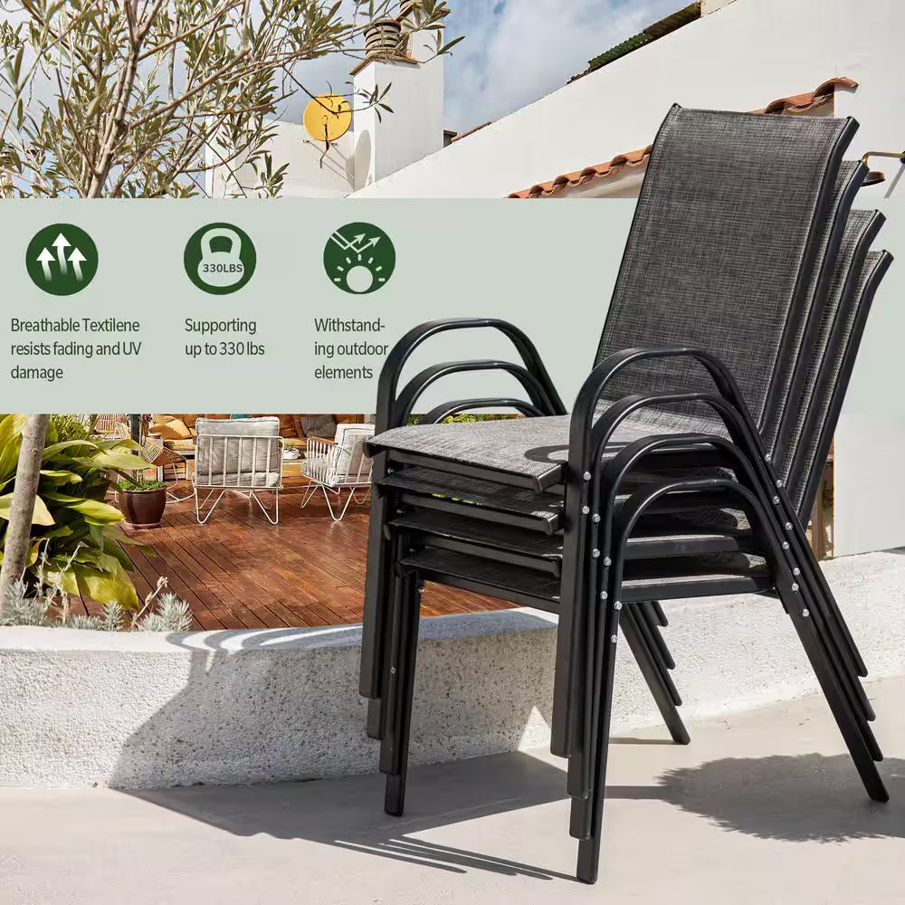 Metal Patio Table and Chairs Set for 4 with Square Patio Table and Stackable Patio Chairs for Lawn, Brown and Black