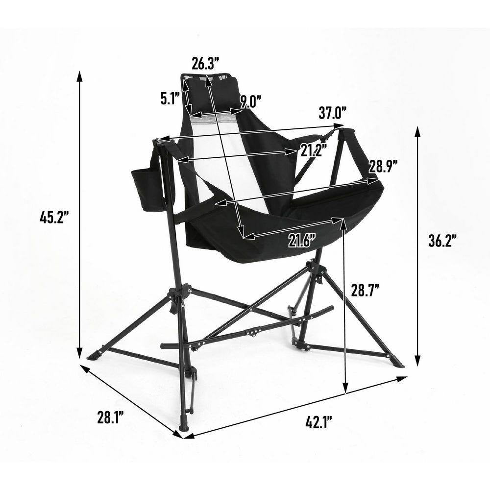 Black Metal Folding Lawn Chair, Outdoor Hammock Camping Chair with Adjustable Back, Cup Holder and Carry Bag (2PCS)