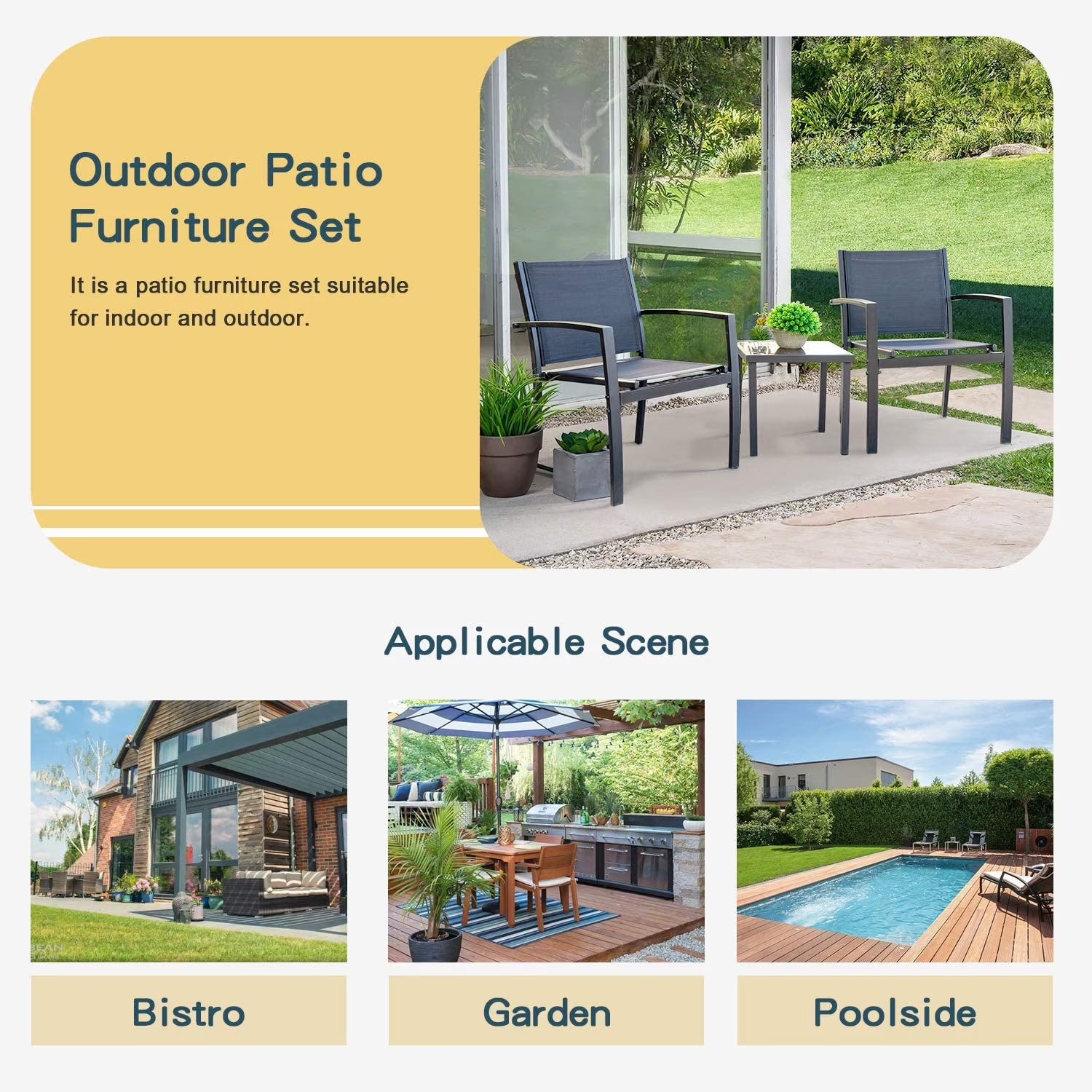 3 Pieces Patio Furniture Set Textilene Bistro Set Outdoor Conversation Set Modern Porch Furniture Lawn Chairs with Coffee Table, Black