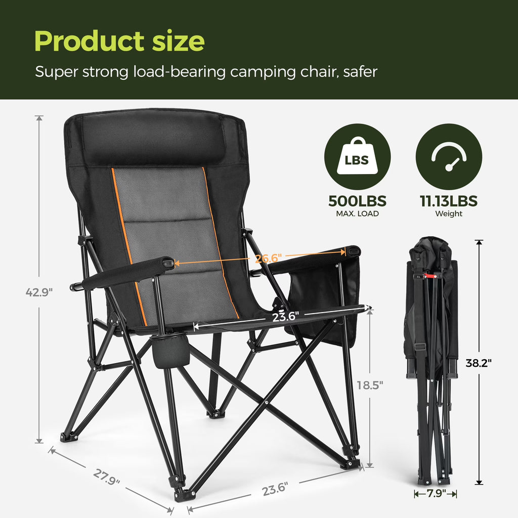 Oversized Camping Chair Heavy Duty High Back Camping Chairs 500Lbs Capacity Folding Lawn Chairs with Cup Holder, Portable for Outdoor, Beach and Picnic, Black