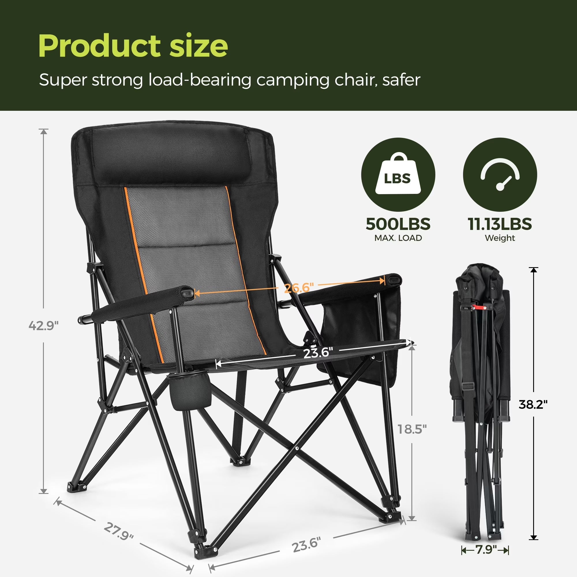 Oversized Camping Chair Heavy Duty High Back Camping Chairs 500Lbs Capacity Folding Lawn Chairs with Cup Holder, Portable for Outdoor, Beach and Picnic, Black