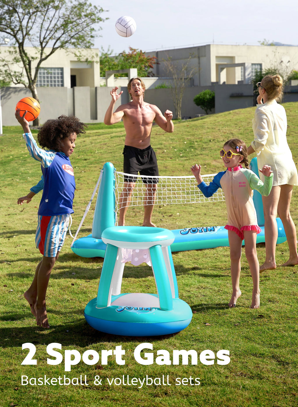 Inflatable Pool Float Set Pool Volleyball Net & Basketball Hoops, Summer Pool Toys for Kids and Pool Game Adults, Volleyball Court (105”X28”X35”)|Basketball (27”X23”X27”),L-Blue