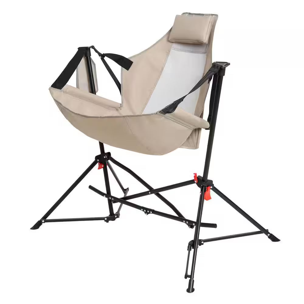 2-Piece Khaki Metal Folding Lawn Chair, Outdoor Hammock Camping Chair with Adjustable Back, Pillow Cup Holder Carry Bag