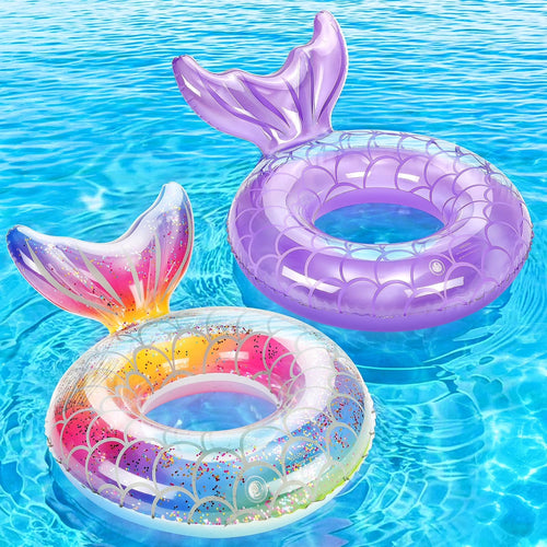 2 Pack Mermaid Tail Pool Float, Inflatable Swimming Ring Floaties Tubes, Rainbow & Purple