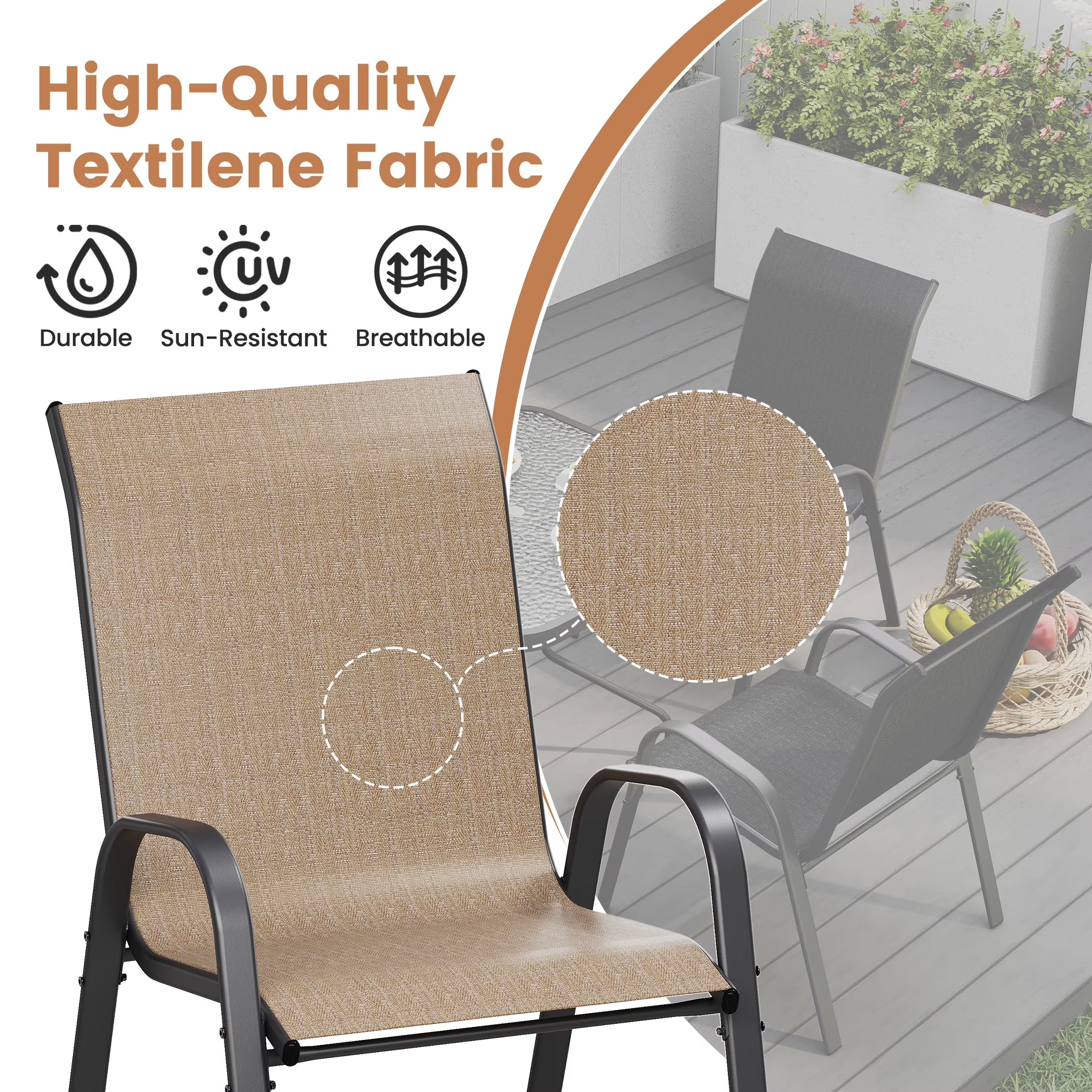 Outdoor Dining Set of 5, Patio Table and Chairs Set, Textured Glass Tabletop, 4 Stackable Patio Chairs, Patio Furniture, Balcony, Porch, Lawn- Brown