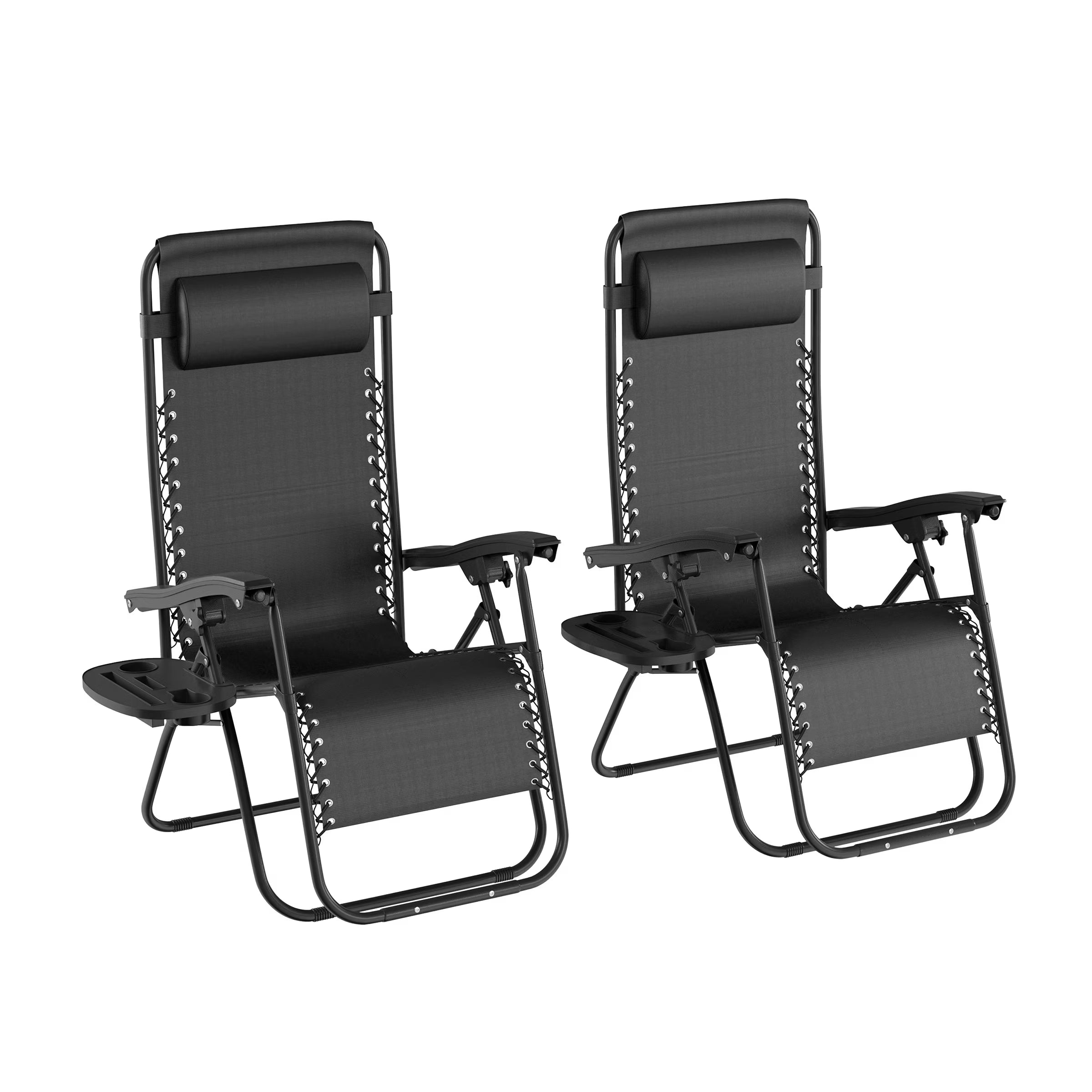 Zero Gravity Lounge Chairs, Set of 2 Folding Recliners with Side Table, Cup Holder & Pillow, Black