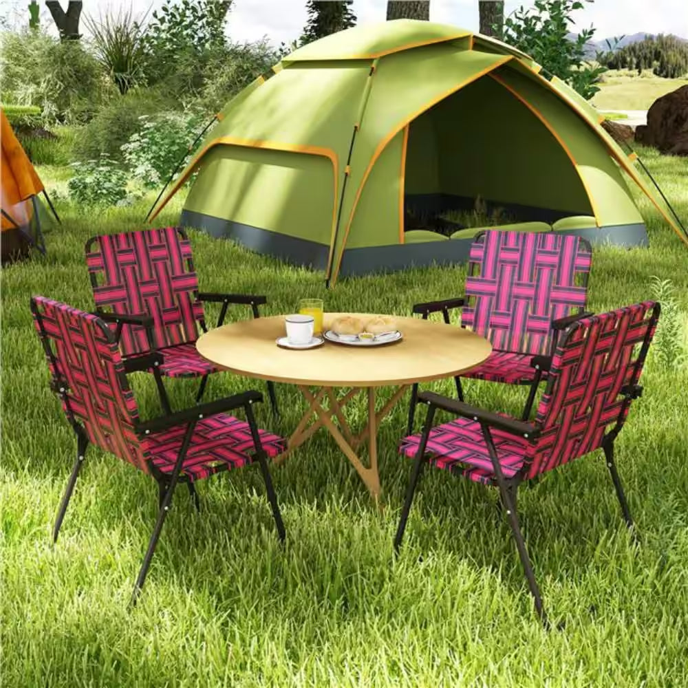 Red Metal Folding Webbed Lawn Chairs, Outdoor Patio Folding Beach Chairs with Heavy Duty Frame (Set-4)
