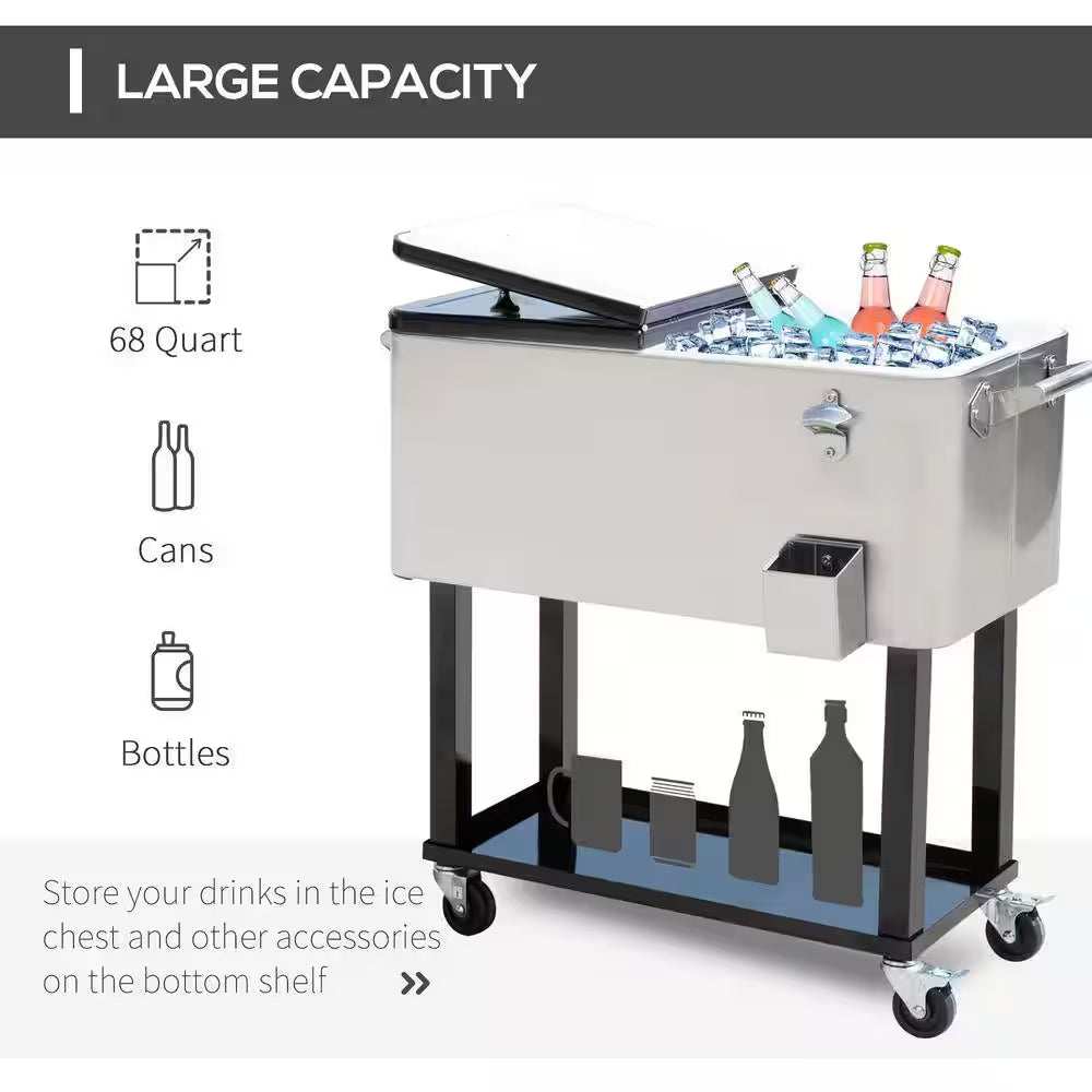 80 Qt. Patio Cooler, Rolling Cooling Bins Ice Chest, Drink Cooler Cart in Silver