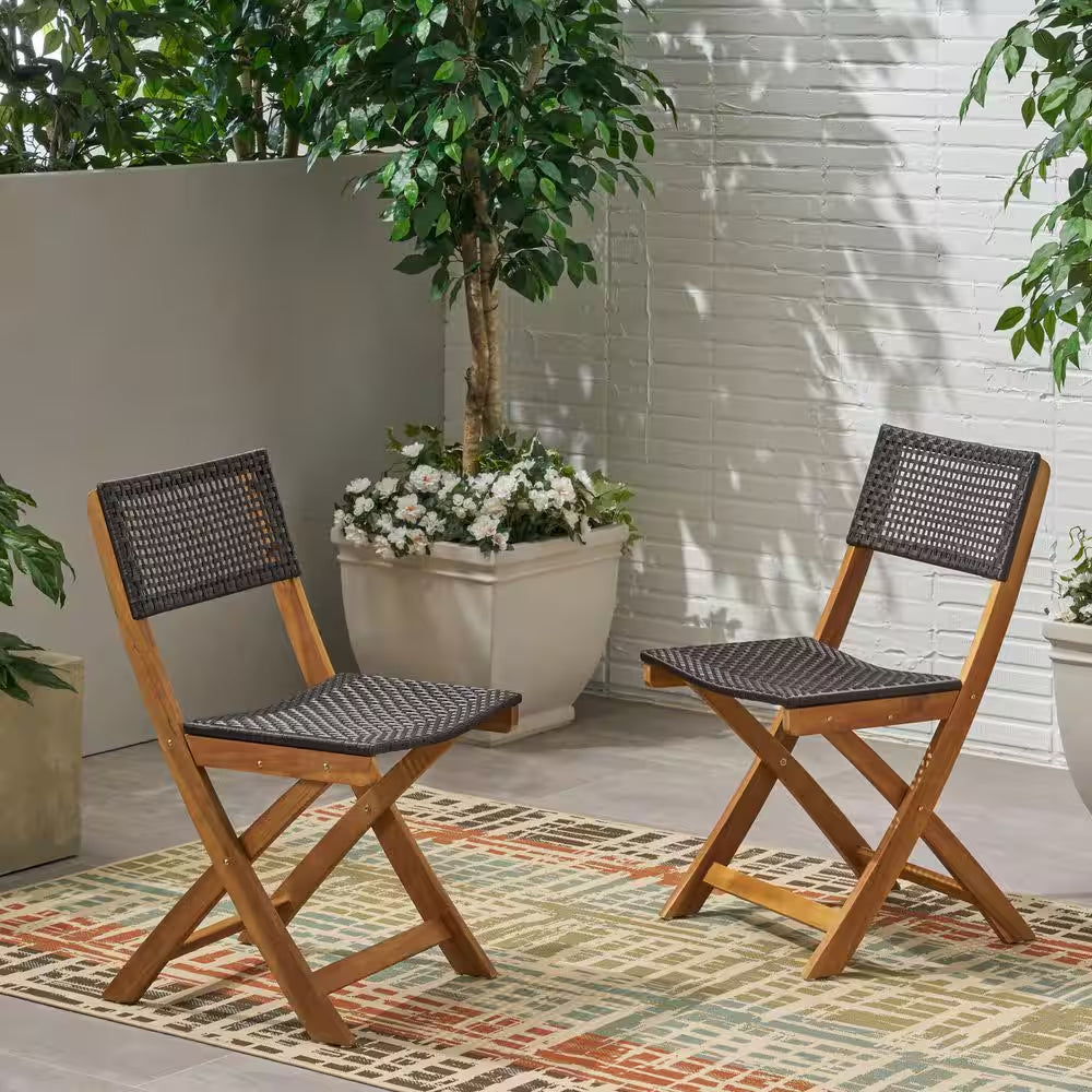 Teak Acacia Wood Folding Lawn Chair, Bistro Chair with Brown Wicker Seat (Set of 2)