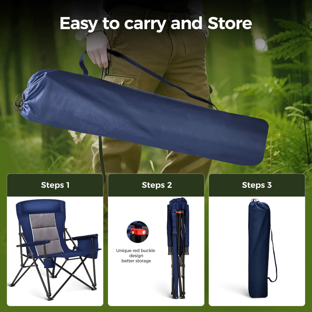 Oversized Camping Chair Heavy Duty High Back Camping Chairs 500Lbs Capacity Folding Lawn Chairs with Cup Holder, Portable for Outdoor, Beach and Picnic, Blue