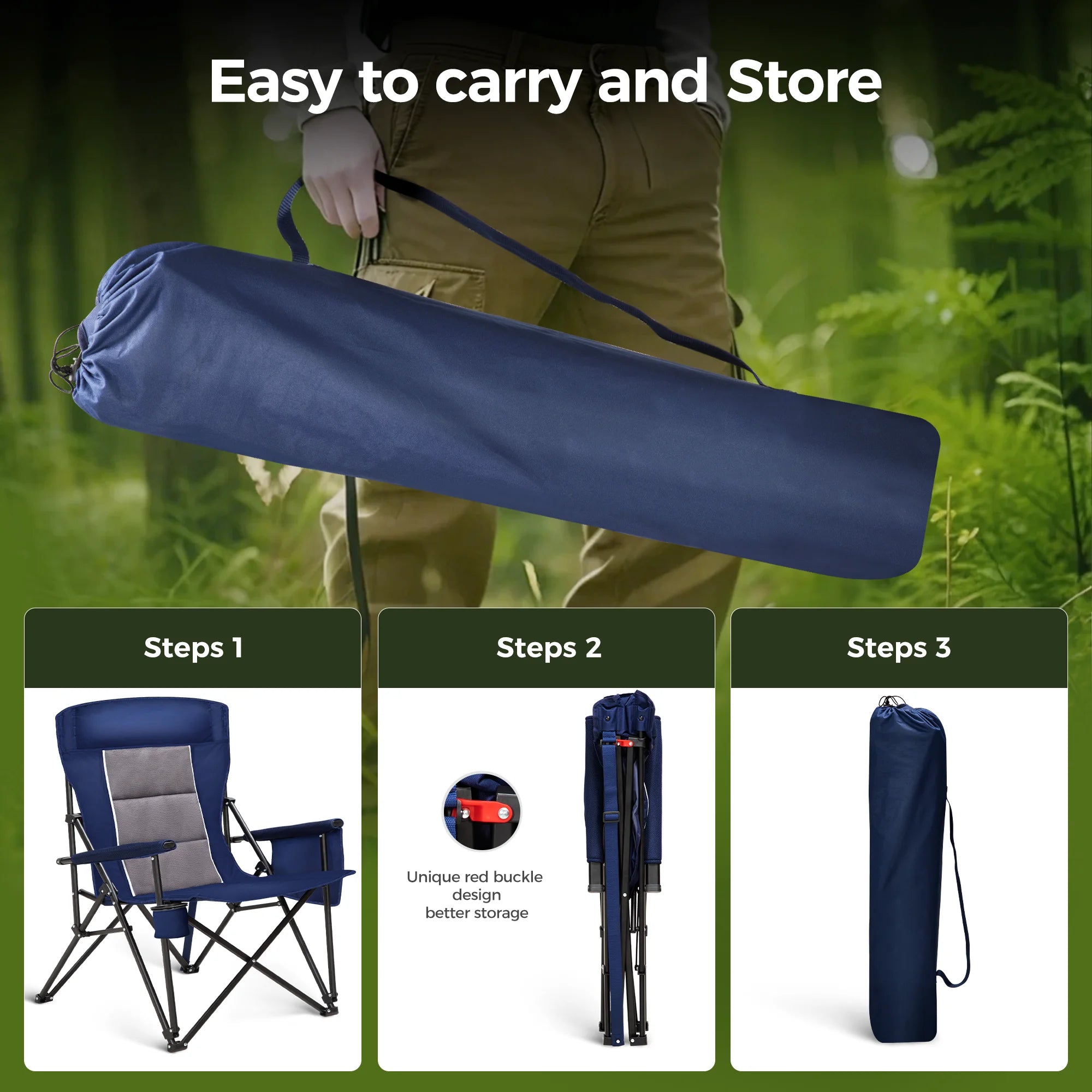 Oversized Camping Chair Heavy Duty High Back Camping Chairs 500Lbs Capacity Folding Lawn Chairs with Cup Holder, Portable for Outdoor, Beach and Picnic, Blue