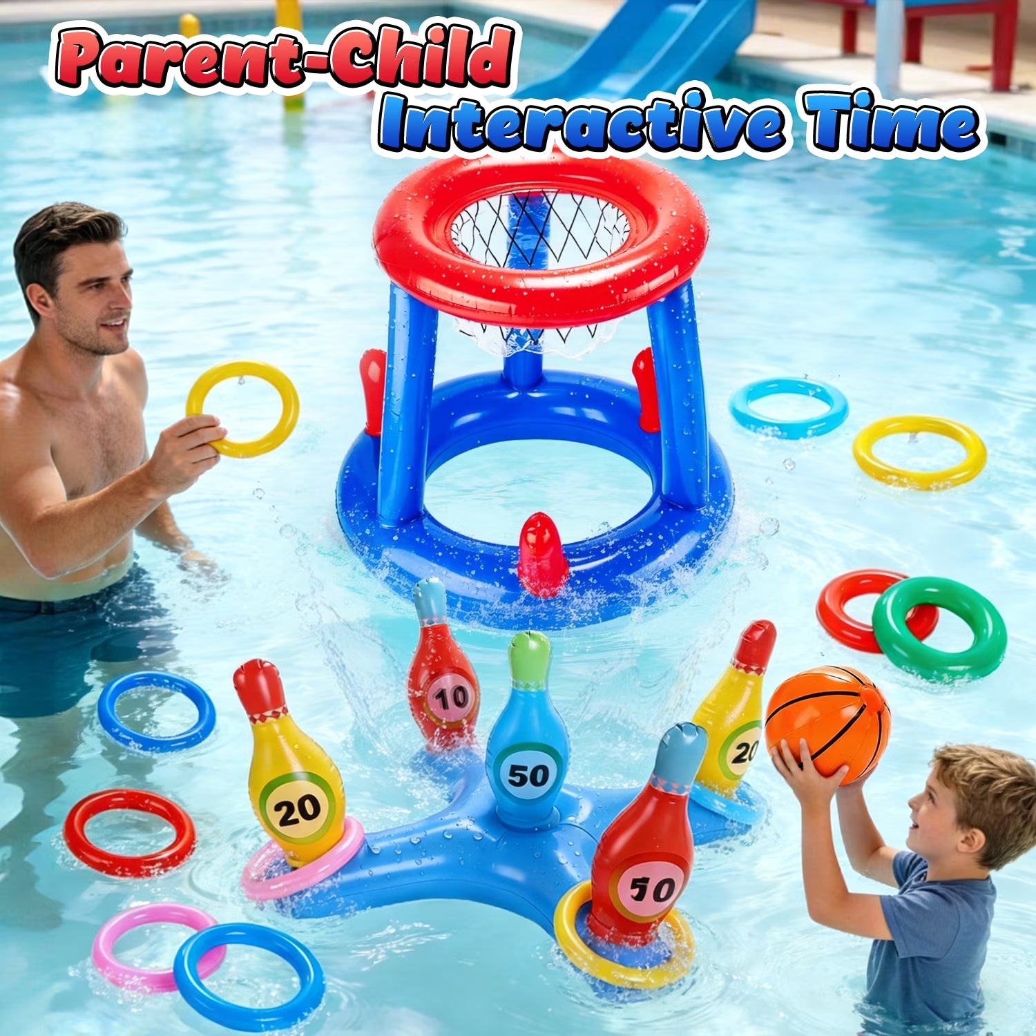 Pool Toys Games Set, Floating Basketball Hoop Inflatable Cross Ring Toss Game Toys for Kids Adults, Summer Party Swimming Pool Water Games