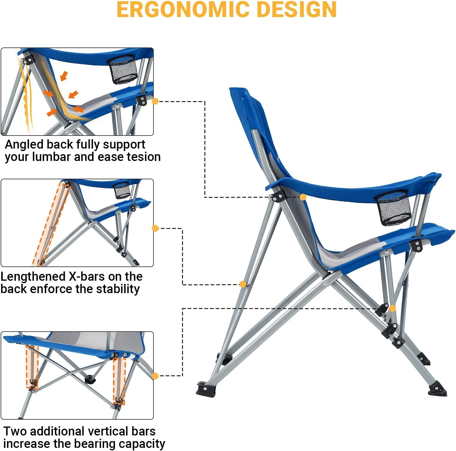 Camping Folding Chair Outdoor Lawn Chairs Folding for outside Oversized Mesh Back Portable Lightweight Camping Chair for Heavy Duty Adults with Cup Holder Padded Armrest Supports 300 Lbs