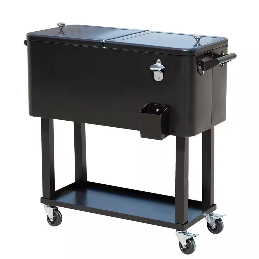 80 Qt. Rolling Cooler Ice Chest on Wheels Outdoor Party Drink Cooler Cart Black