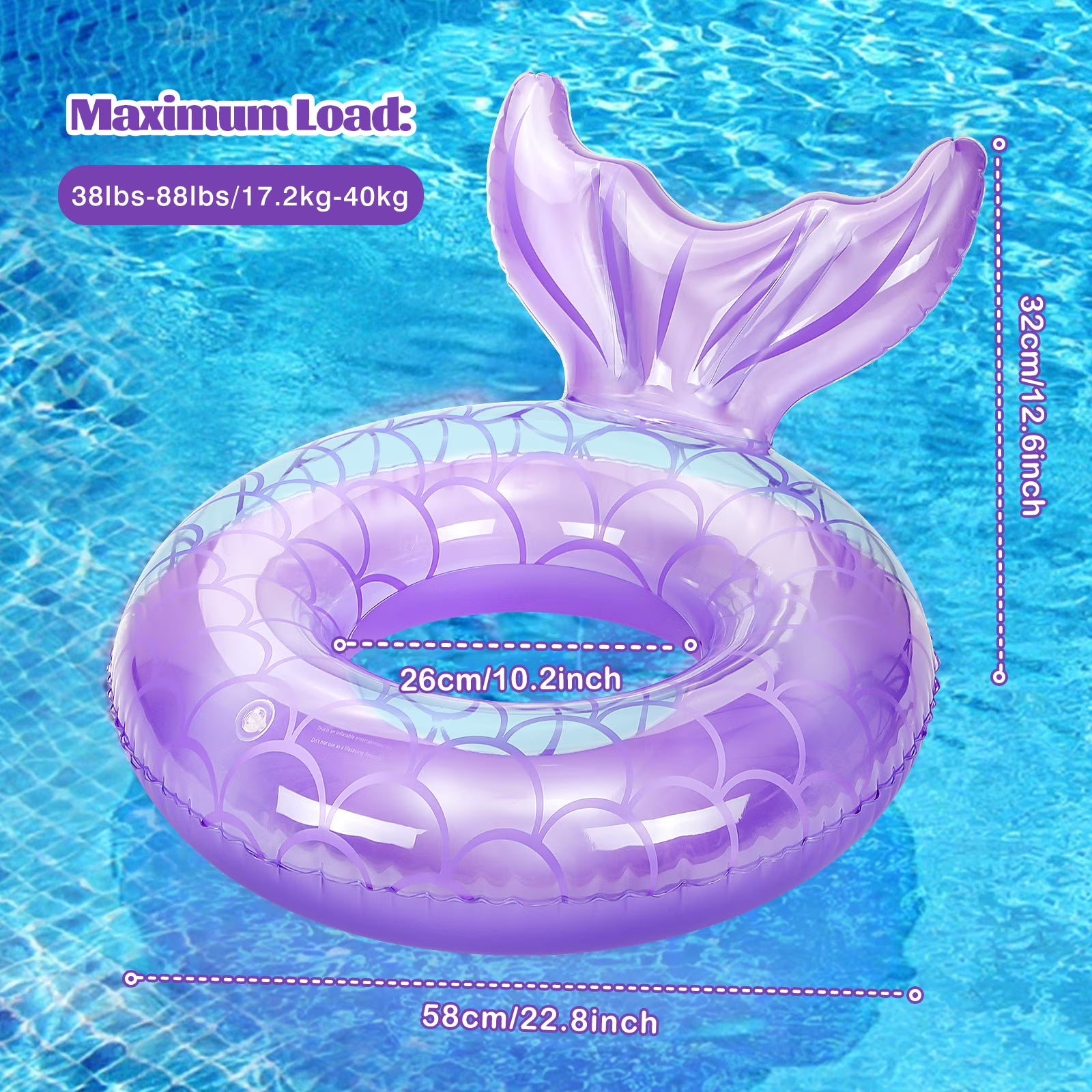 2 Pack Mermaid Tail Pool Float, Inflatable Swimming Ring Floaties Tubes, Rainbow & Purple