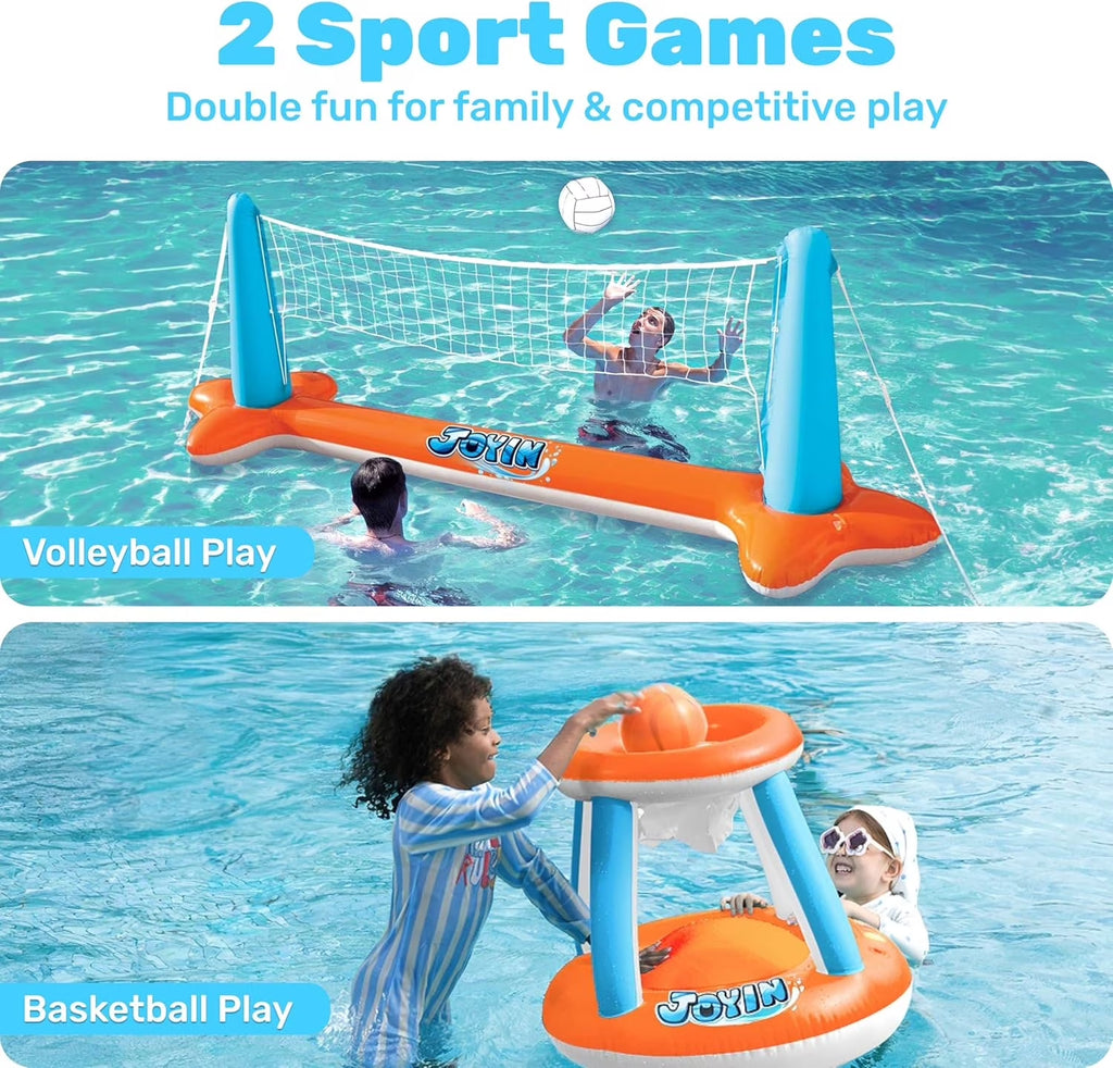 2-In-1 Inflatable Pool Toys Set with Pool Volleyball & Pool Basketball Hoop, Summer Pool Game for Kids and Pool Floats Adults, Volleyball Court (105”X28”X38”)|Basketball (27.6”X23”),L-Orange
