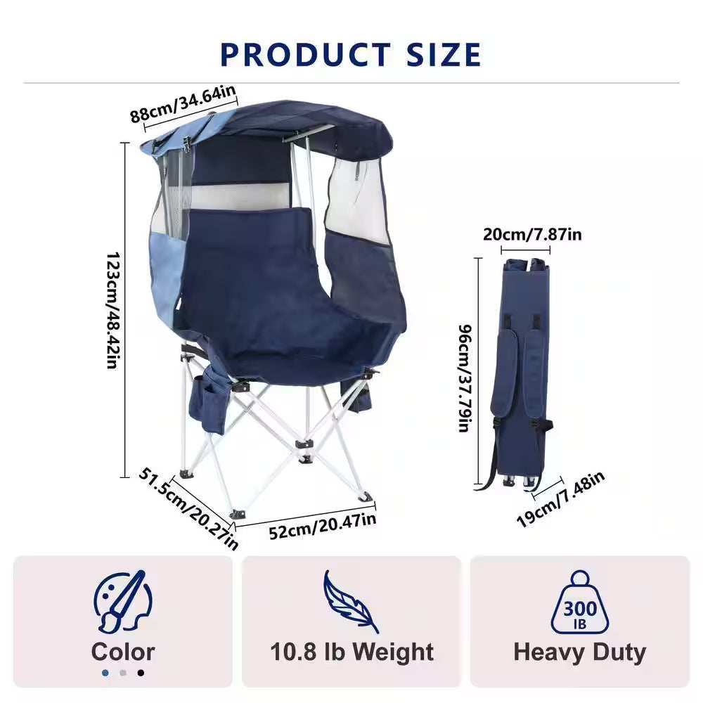 Blue Steel Folding Camping Chairs Lawn Beach Chairs with Canopy