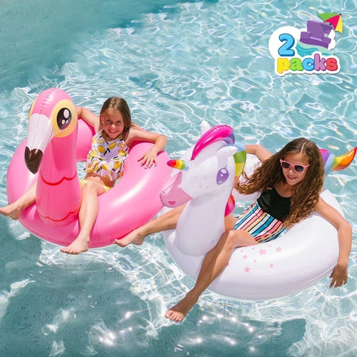 2 Packs Flamingo Unicorn Pool Float, Fun Beach Floaties, Inflatable Swimming Pool Tubes Party Toys, Summer Pool Raft Lounger for Adults & Kids
