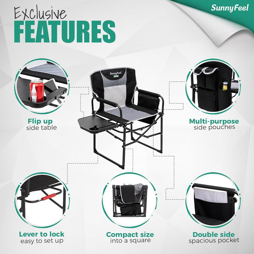 Oversized Camping Directors Chair, Portable Folding Lawn Chairs for Adults Heavy Duty with Side Table,Pocket for Beach, Fishing,Picnic,Concert,Tailgating，Outdoor Foldable Camp Chair