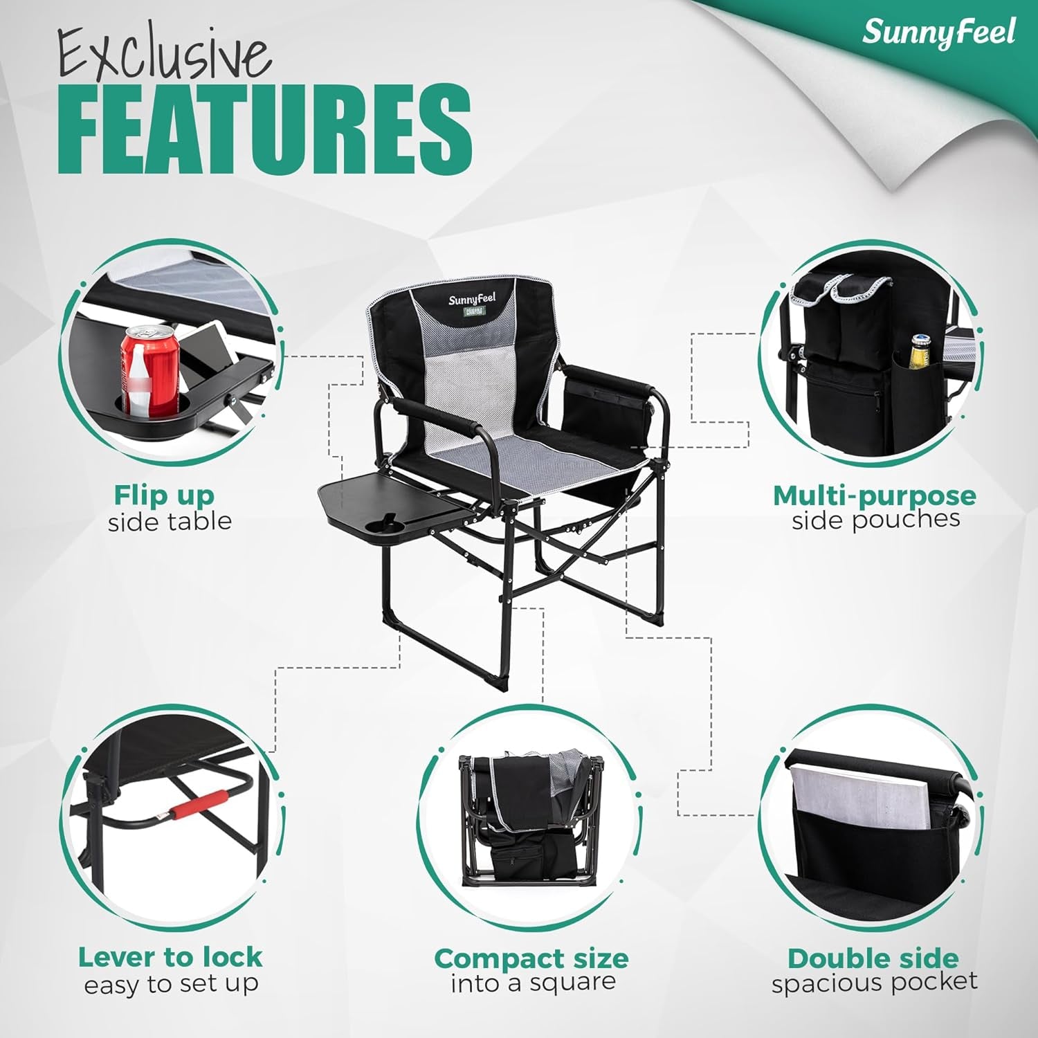 Oversized Camping Directors Chair, Portable Folding Lawn Chairs for Adults Heavy Duty with Side Table,Pocket for Beach, Fishing,Picnic,Concert,Tailgating，Outdoor Foldable Camp Chair