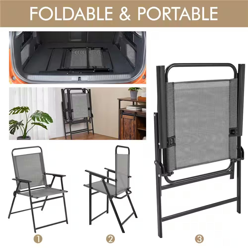 Set of 2 Outdoor Texteline Foldable Dining Chairs, All-Weather Folding Lawn Chairs with Backrest/ Armrests, Gray