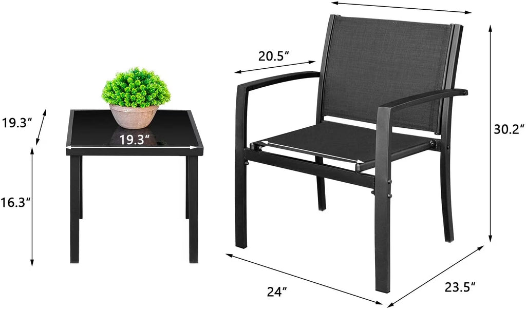 3 Pieces Patio Furniture Set Textilene Bistro Set Outdoor Conversation Set Modern Porch Furniture Lawn Chairs with Coffee Table, Black