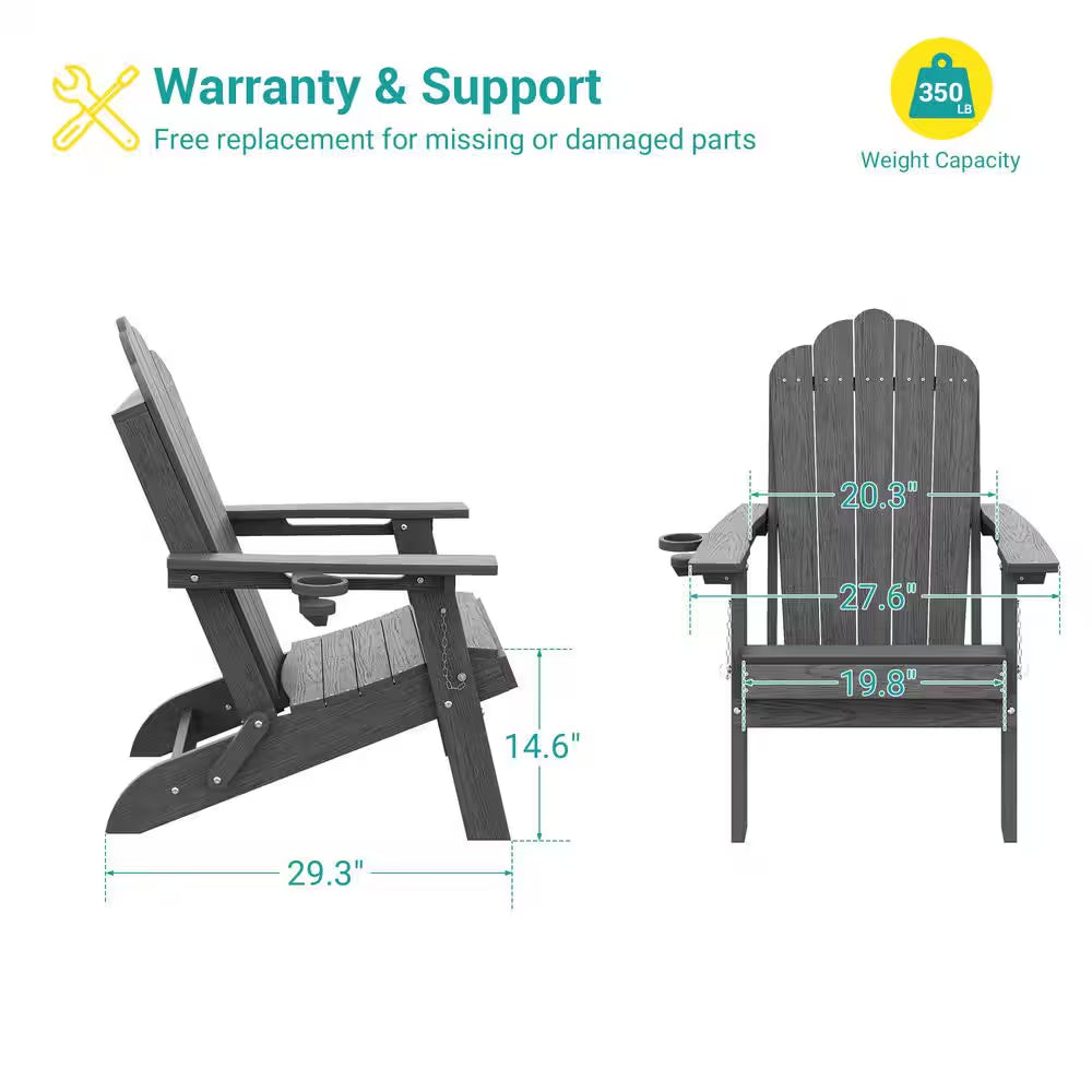 Charcoal Gray Plastic Foldable Adirondack Chair with Cup Holder, HDPE Lawn Chair, 350 Lbs., (Set of 2)
