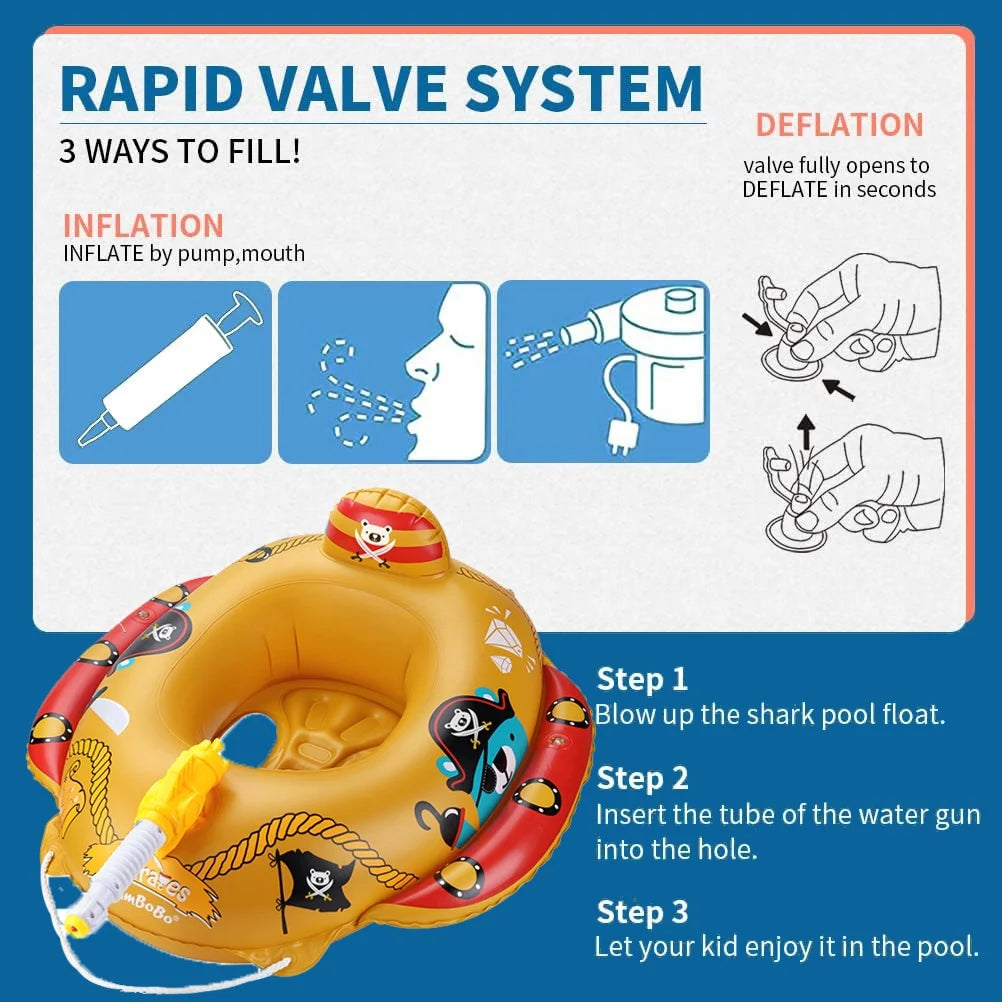 Summer Inflatable Pirate Boat Pool Float for Kids with Built-In Squirt Blaster, Toddler Pool Float Kids Inflatable Swim Seat Boat Ship Pool Toys for Toddlers and Children