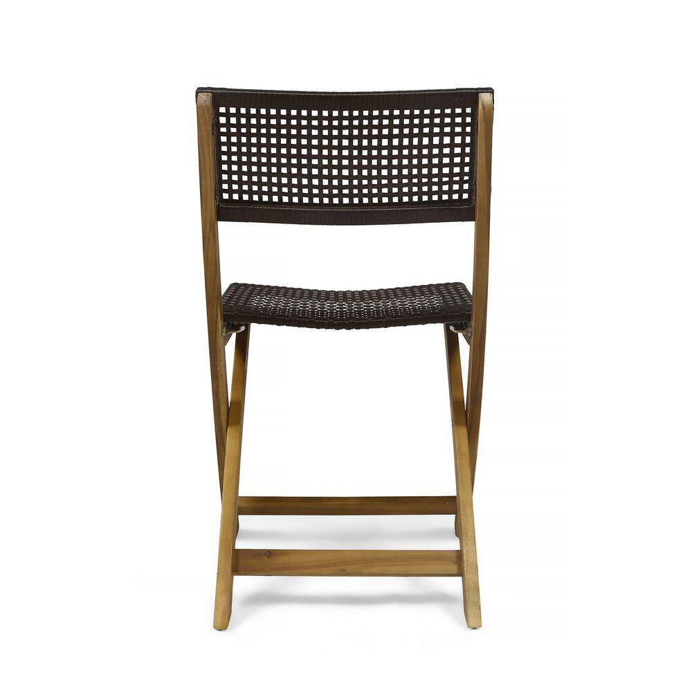 Teak Acacia Wood Folding Lawn Chair, Bistro Chair with Brown Wicker Seat (Set of 2)