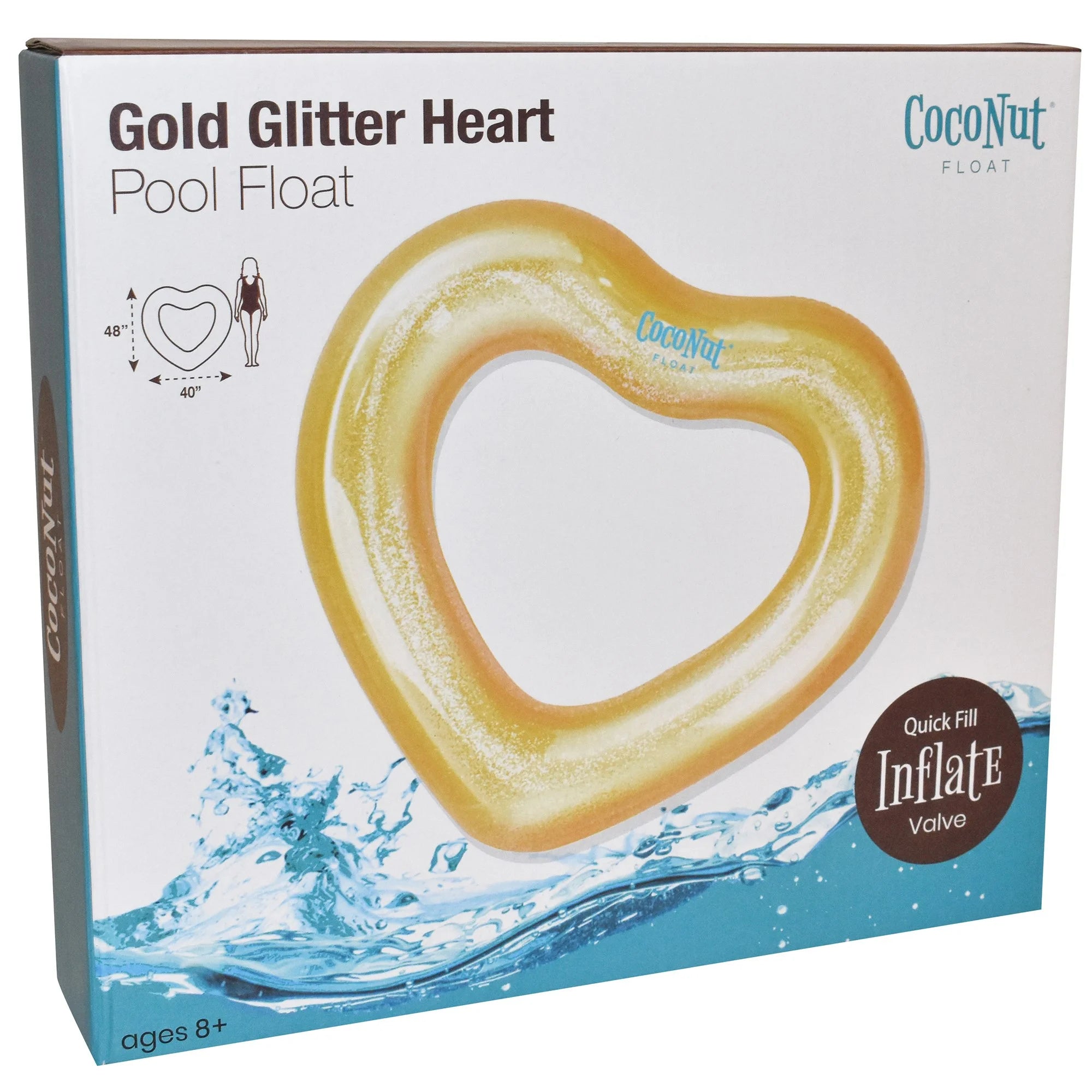 : Gold Glitter Heart Pool Float - 48"X40", Inflatable 48" Jumbo Ring, Anti-Leak, Durable, Water Accessory