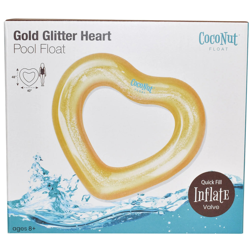 : Gold Glitter Heart Pool Float - 48"X40", Inflatable 48" Jumbo Ring, Anti-Leak, Durable, Water Accessory
