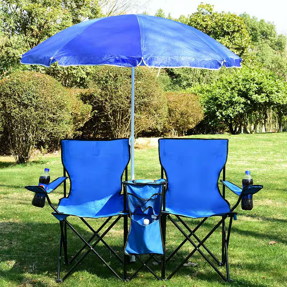 Steel Patio Portable Folding Double Lounge Chairs with Umbrella Bench and Lawn Chairs