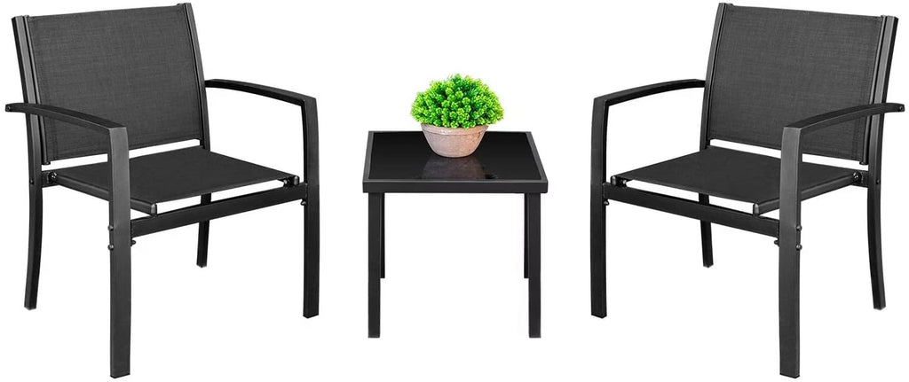 3 Pieces Patio Furniture Set Textilene Bistro Set Outdoor Conversation Set Modern Porch Furniture Lawn Chairs with Coffee Table, Black