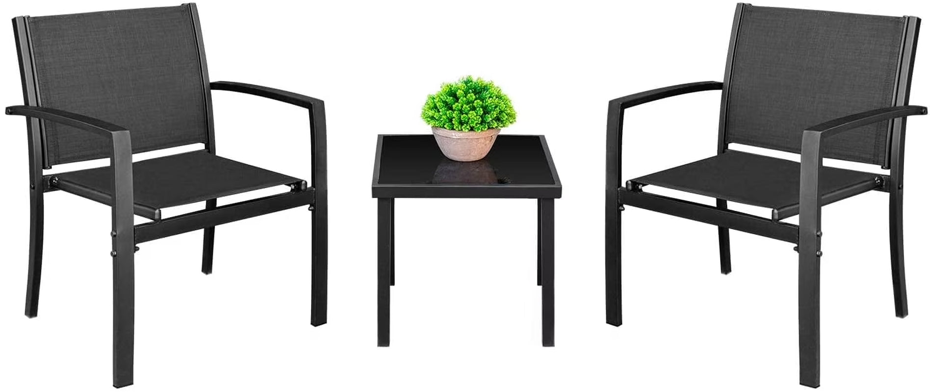 3 Pieces Patio Furniture Set Textilene Bistro Set Outdoor Conversation Set Modern Porch Furniture Lawn Chairs with Coffee Table, Black