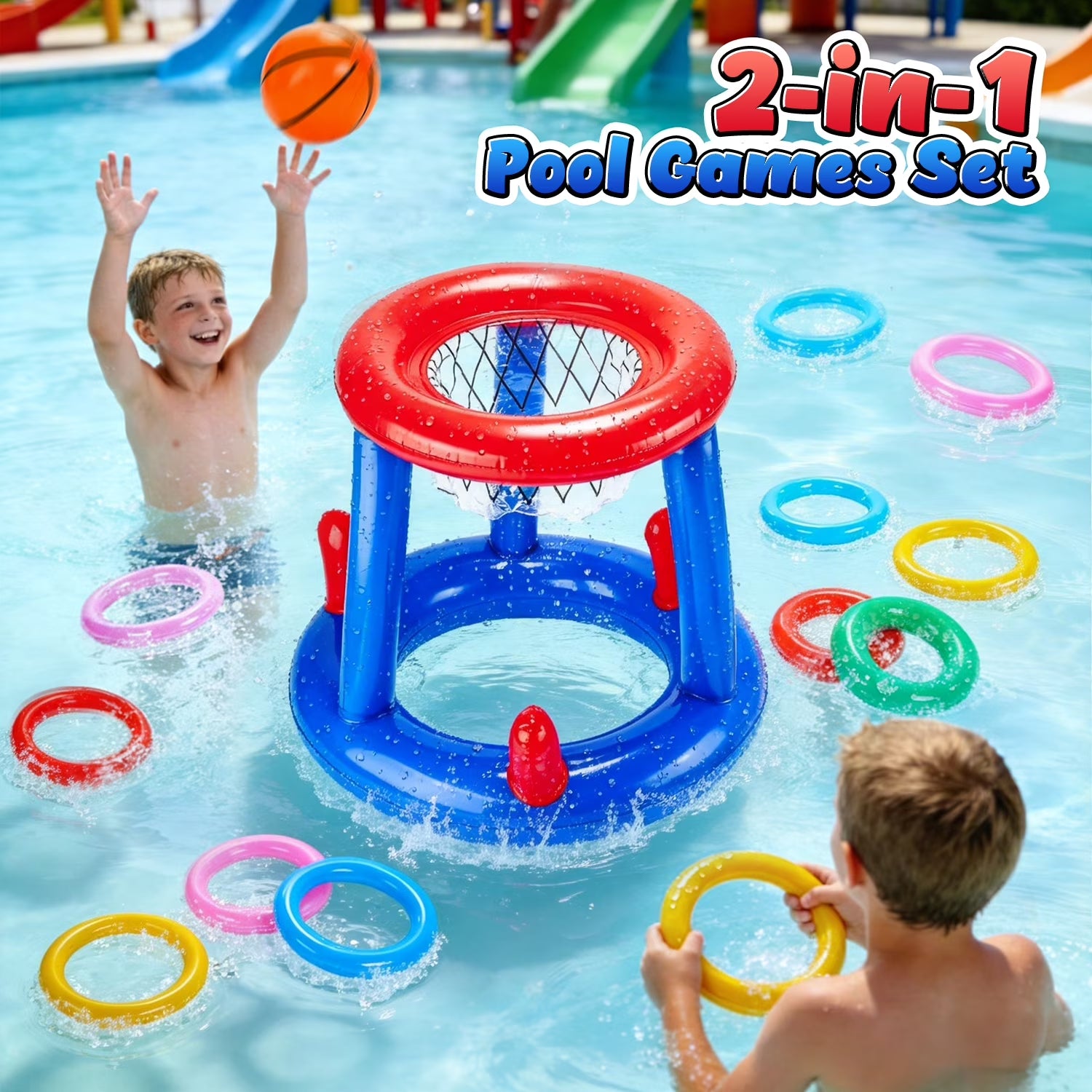 Pool Toys Games Set, Floating Basketball Hoop Inflatable Cross Ring Toss Game Toys for Kids Adults, Summer Party Swimming Pool Water Games