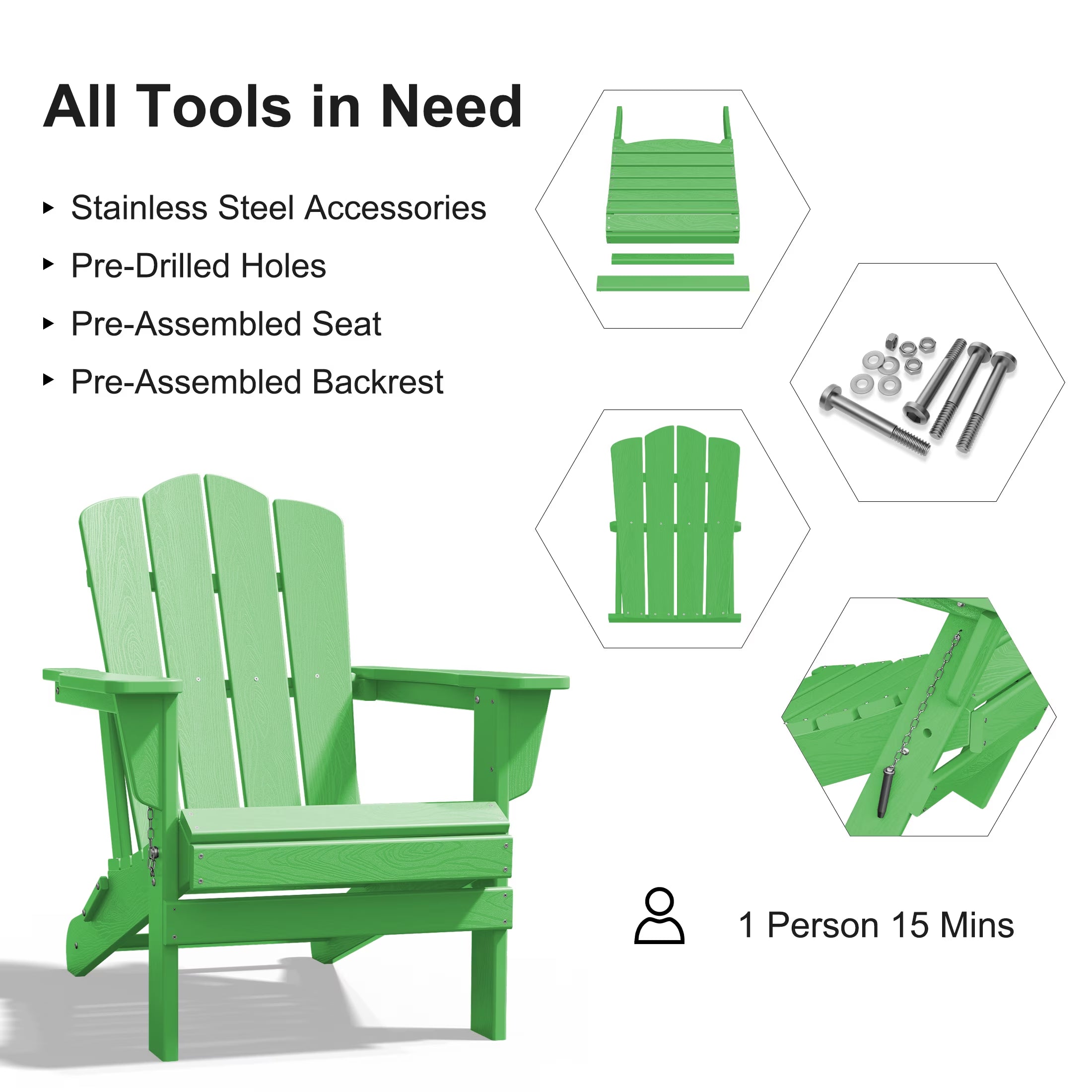 Adirondack Chair, 2PC Plastic Folding Outdoor Patio Chairs, outside HDPE Chairs for Lawn, Yard, Light Green