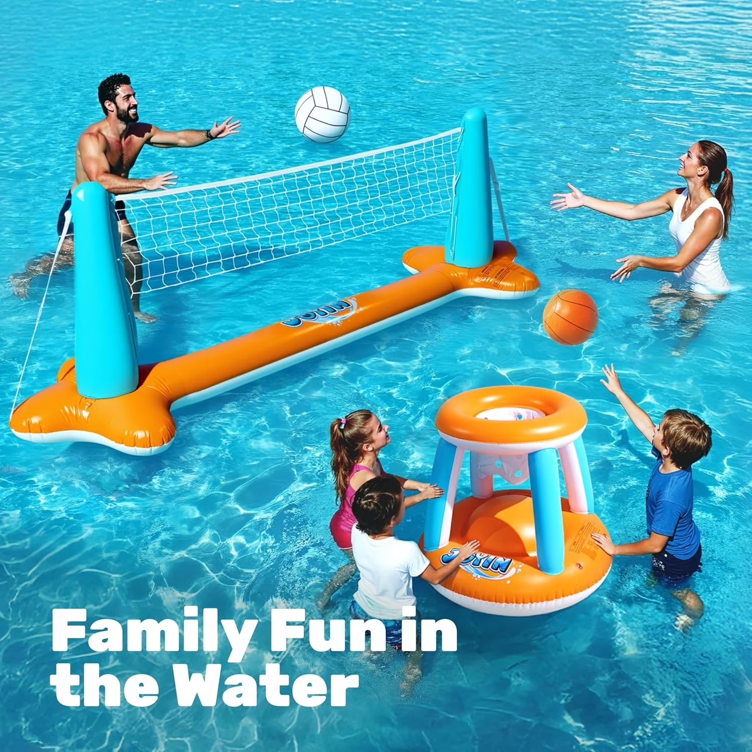 2-In-1 Inflatable Pool Toys Set with Pool Volleyball & Pool Basketball Hoop, Summer Pool Game for Kids and Pool Floats Adults, Volleyball Court (105”X28”X38”)|Basketball (27.6”X23”),L-Orange