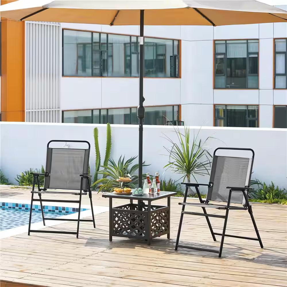 Set of 2 Outdoor Texteline Foldable Dining Chairs, All-Weather Folding Lawn Chairs with Backrest/ Armrests, Gray