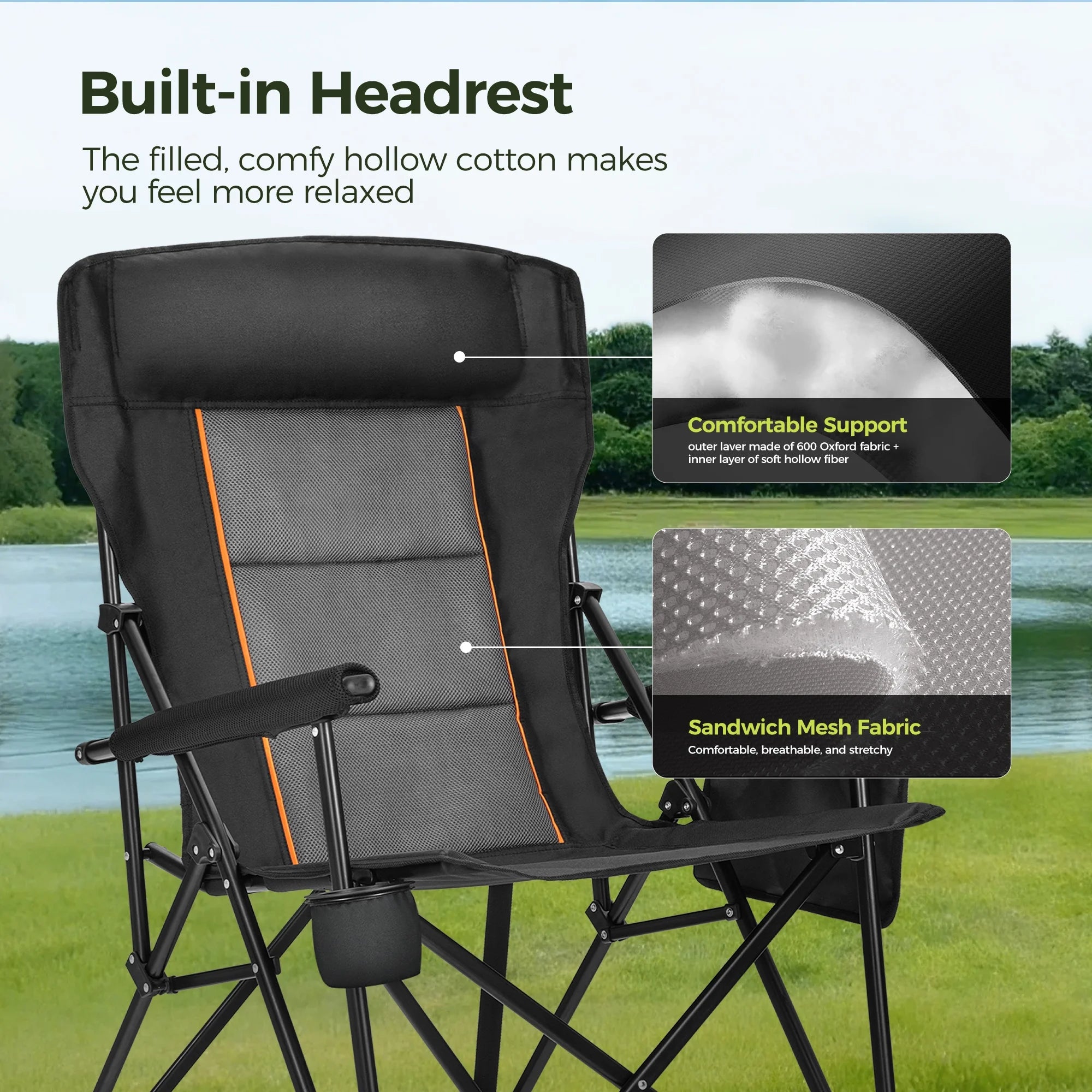 Oversized Camping Chair Heavy Duty High Back Camping Chairs 500Lbs Capacity Folding Lawn Chairs with Cup Holder, Portable for Outdoor, Beach and Picnic, Black