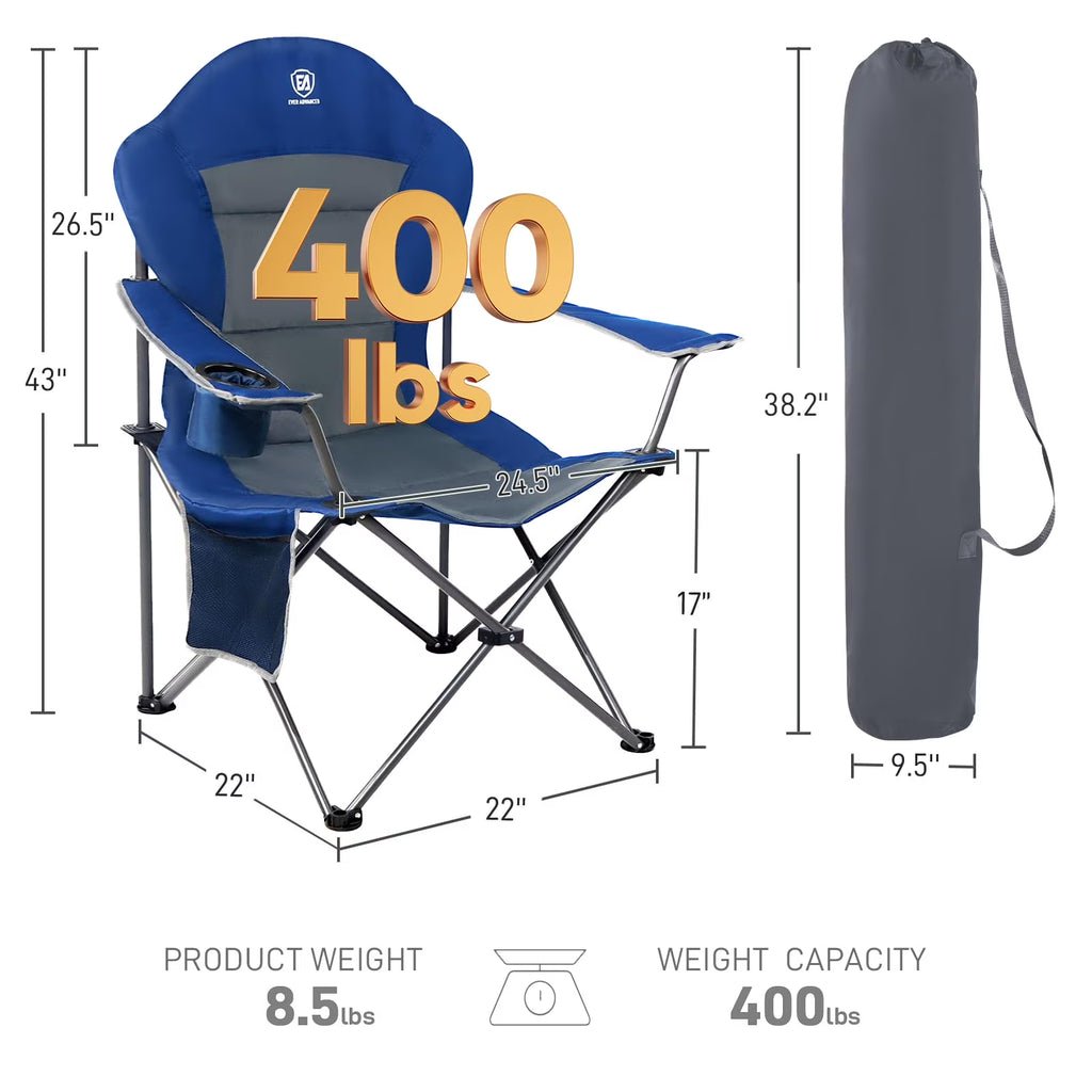 Oversized Camping Chair with High Back Padded Folding Portable Lawn Chairs Lightweight Sturdy Steel for Adults Foldable Outdoor Chair , Blue