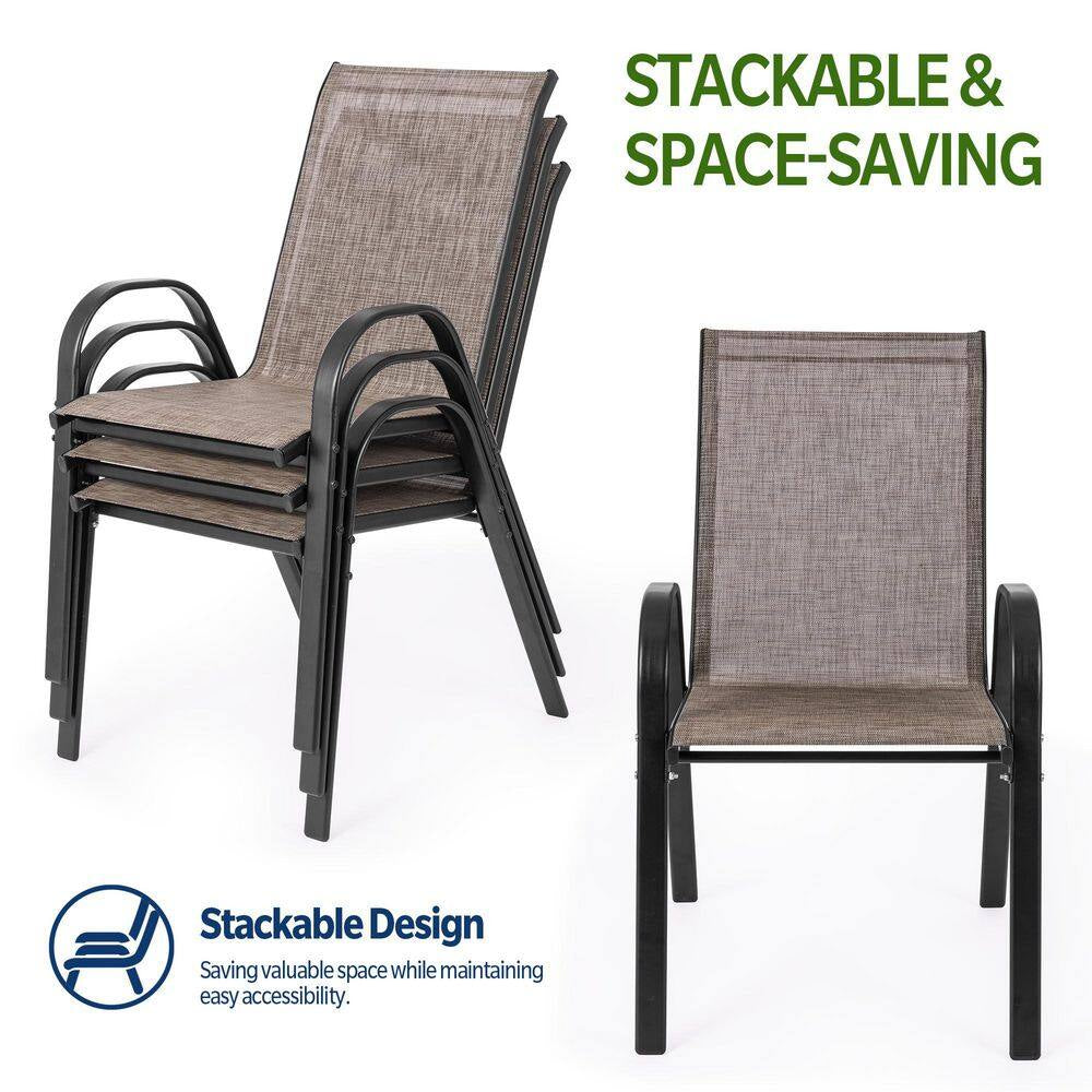 Metal Patio Table and Chairs Set for 4 with Square Patio Table and Stackable Patio Chairs for Lawn, Brown and Black