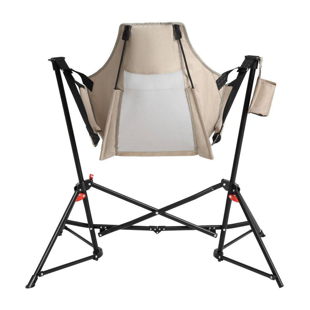 2-Piece Khaki Metal Folding Lawn Chair, Outdoor Hammock Camping Chair with Adjustable Back, Pillow Cup Holder Carry Bag